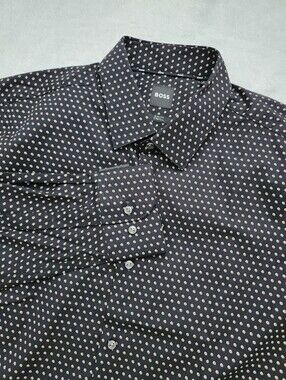 BOSS by Hugo Boss Mens Sz Large Slim Fit Stretch Polka Dot Dress Shirt Black Tan
